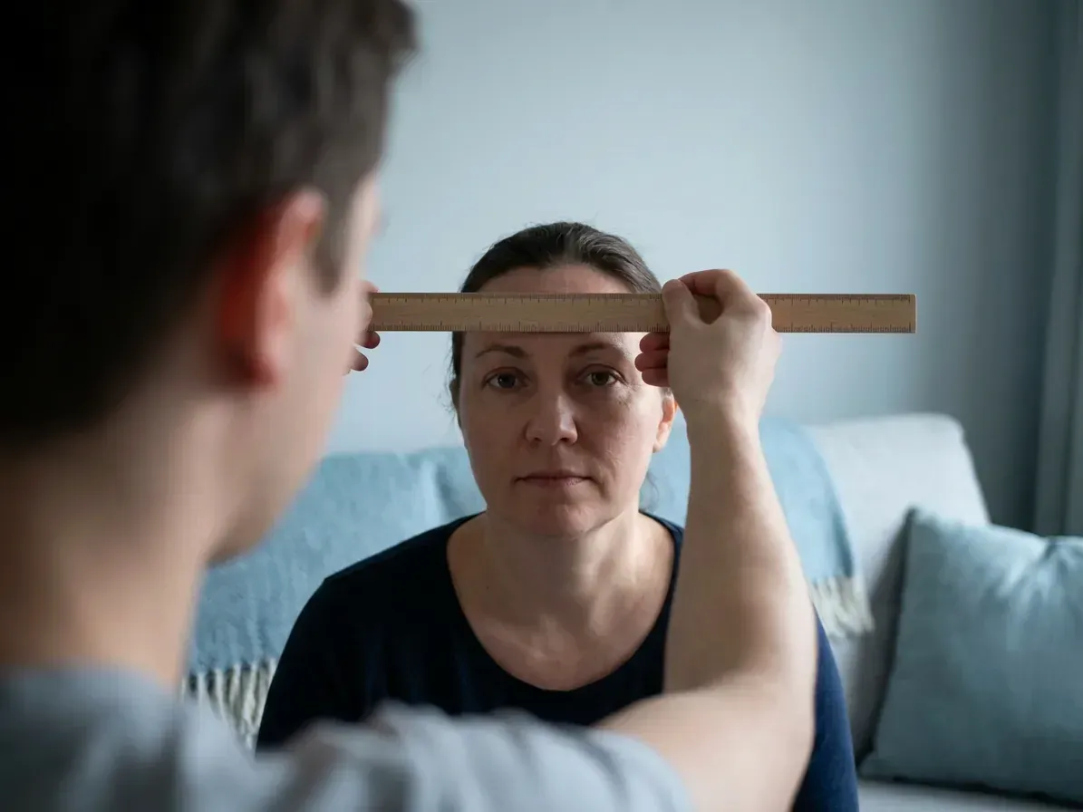 Friend holding a ruler under a person's eyes to measure pupillary distance