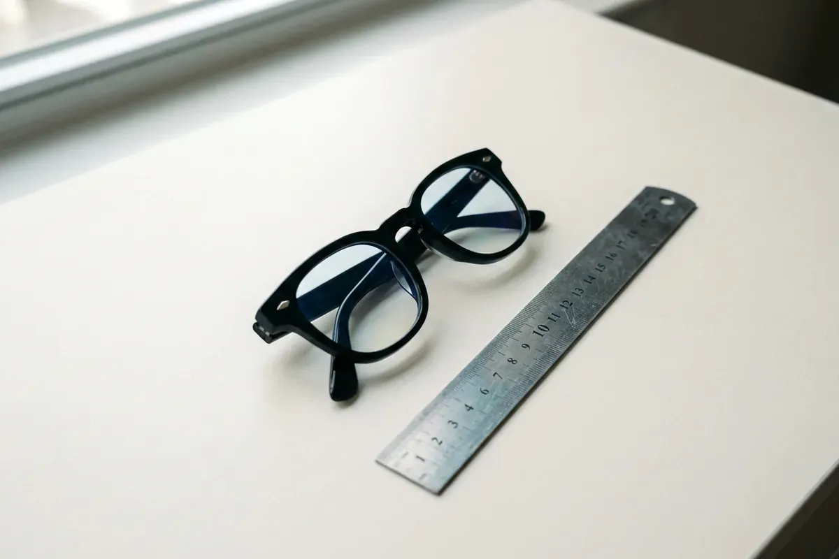 Glasses frame beside a millimetre ruler on a desk to check the glasses frame size
