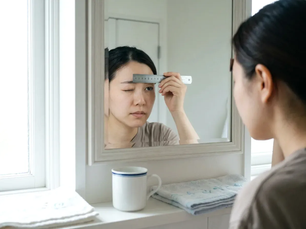 Person holding a millimetre ruler under the eyes in a mirror to measure PD at home