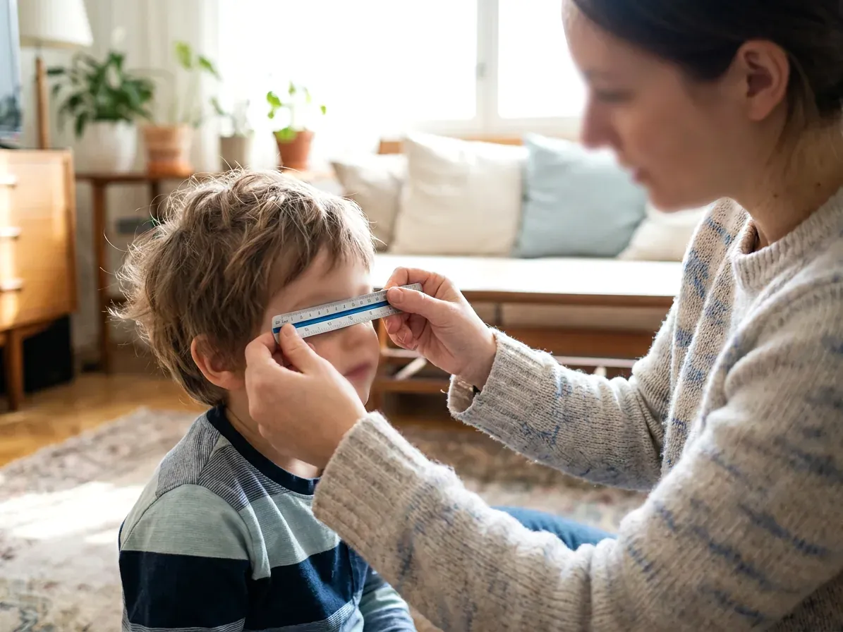 Parent measuring a child's pupillary distance with a small ruler at eye level