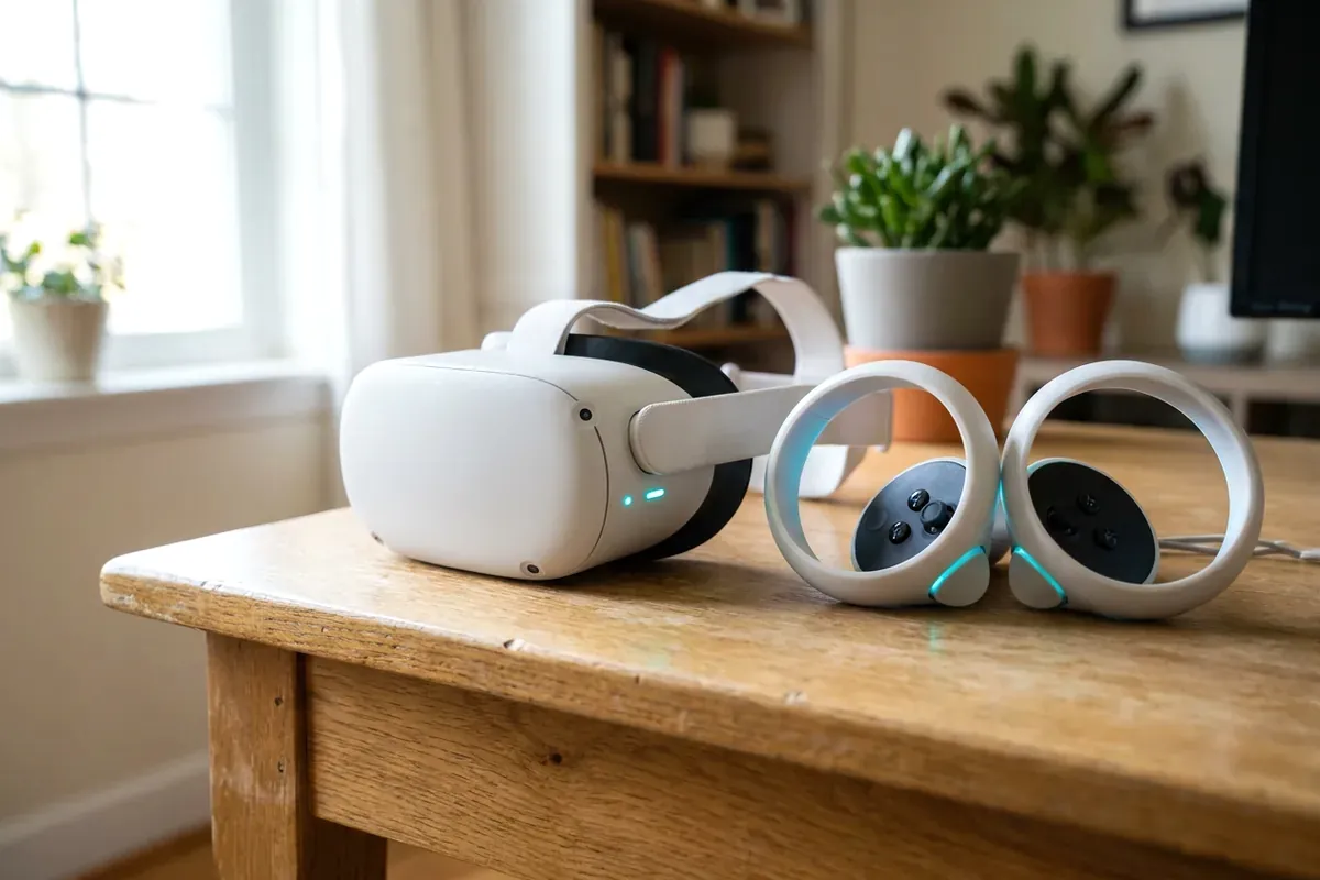 VR headset on a desk next to a ruler, ready to set the IPD lens spacing